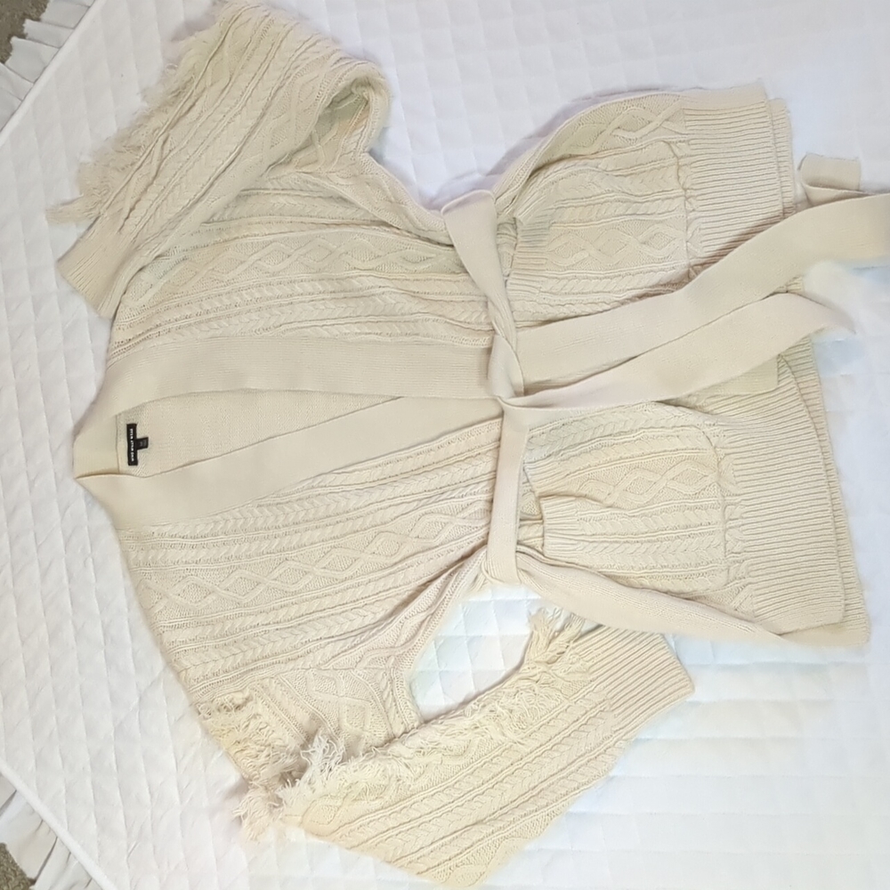 Chunky Cream Fringe Cable Knit Tie Sweater Oatmeal Neutral